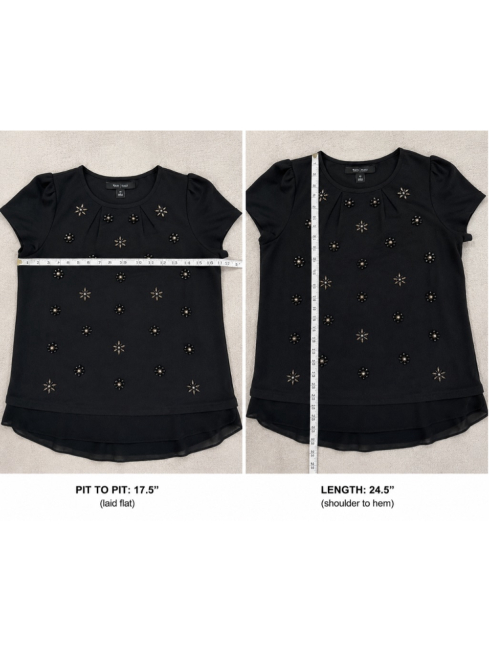 White House Black Market XS Black Embellished Beaded Rhinestone Top Chiffon Hem‎ - Picture 10 of 10